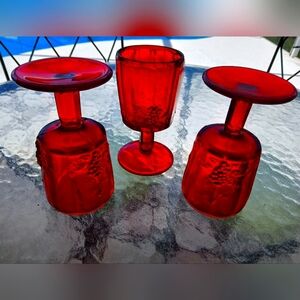 Vintage LG Wright Glass Ruby Red Paneled Panel Grape Wine Stem Lot Of 3 Goblets